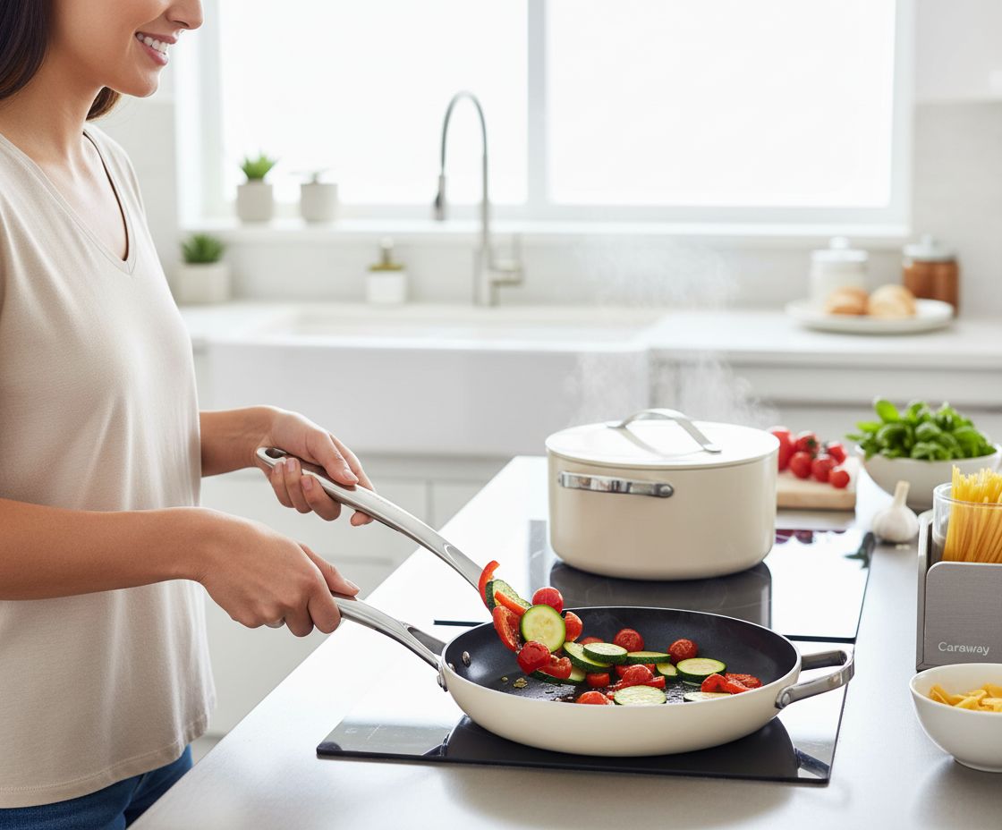 Caraway 31-piece ceramic nonstick cookware set in cream, including fry pans, saucepans, Dutch oven, and accessories — view 3a