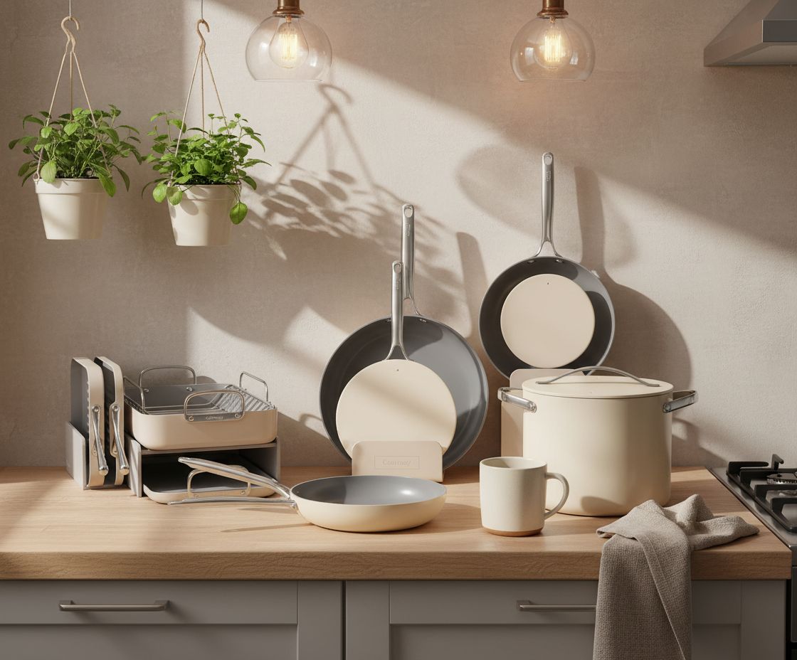 Caraway 31-piece ceramic nonstick cookware set in cream, including fry pans, saucepans, Dutch oven, and accessories — view 4