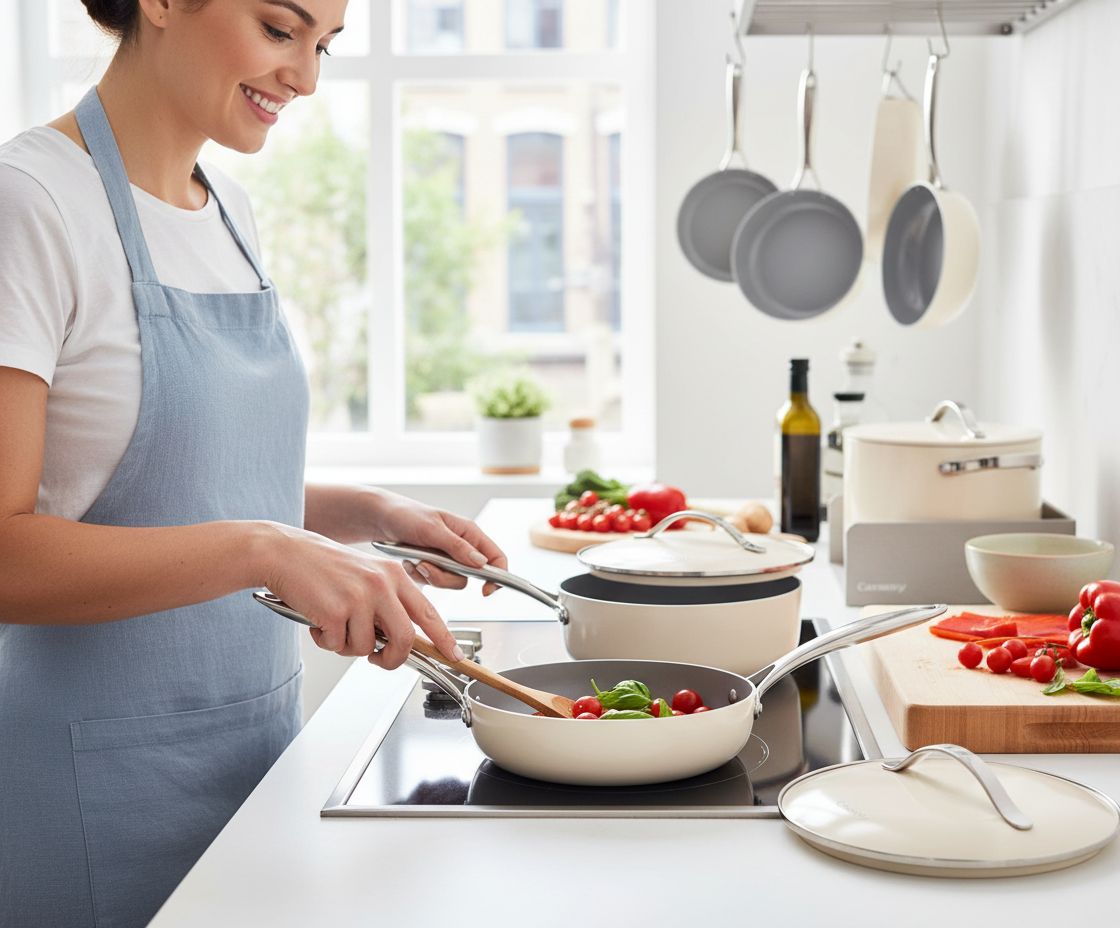Caraway 31-piece ceramic nonstick cookware set in cream, including fry pans, saucepans, Dutch oven, and accessories — view 5a