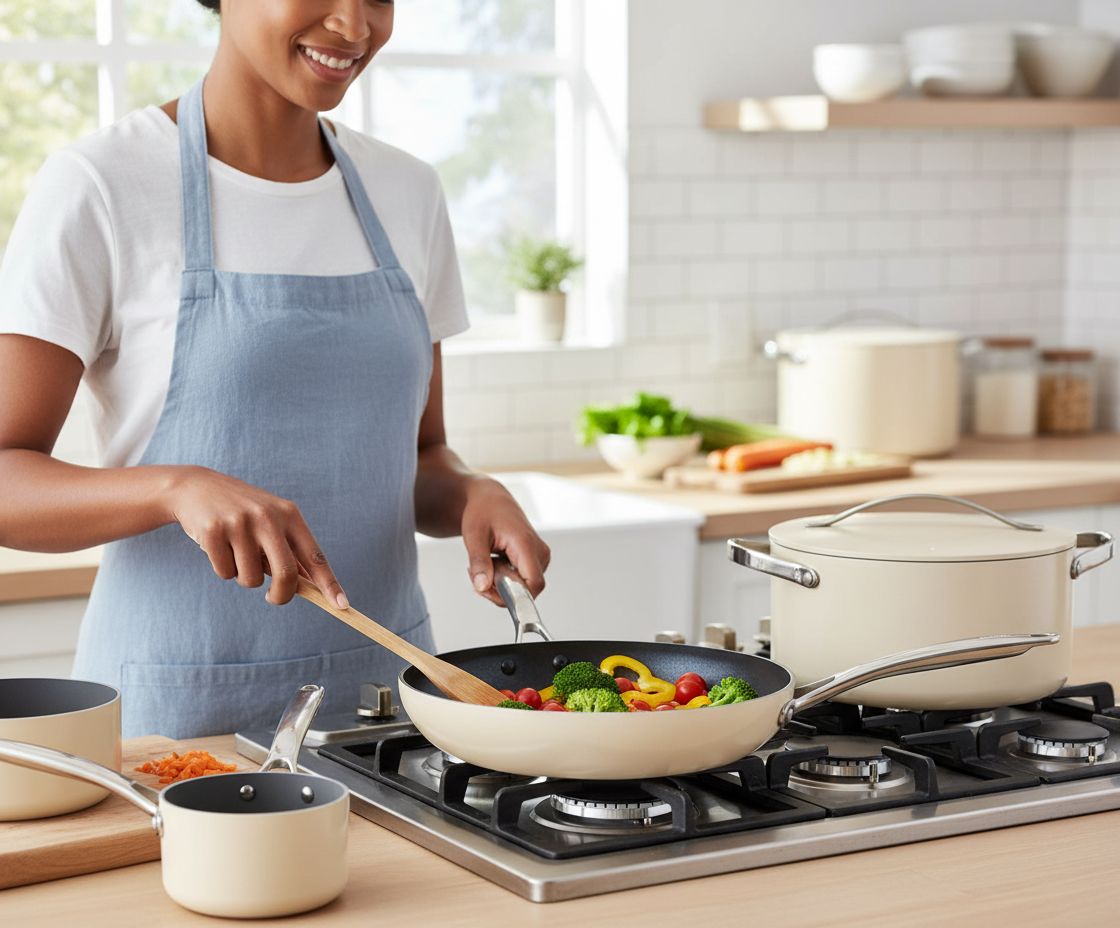 Caraway 31-piece ceramic nonstick cookware set in cream, including fry pans, saucepans, Dutch oven, and accessories — view 6