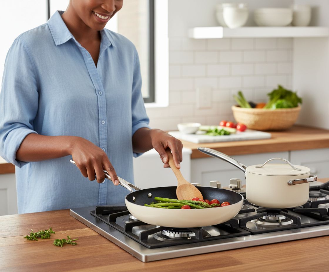 Caraway 31-piece ceramic nonstick cookware set in cream, including fry pans, saucepans, Dutch oven, and accessories — view 7a