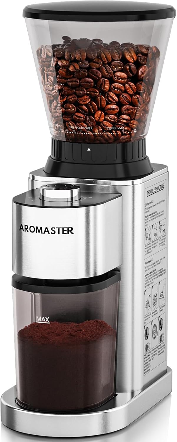 Stainless steel conical burr coffee grinder with digital timer and adjustment dial — front