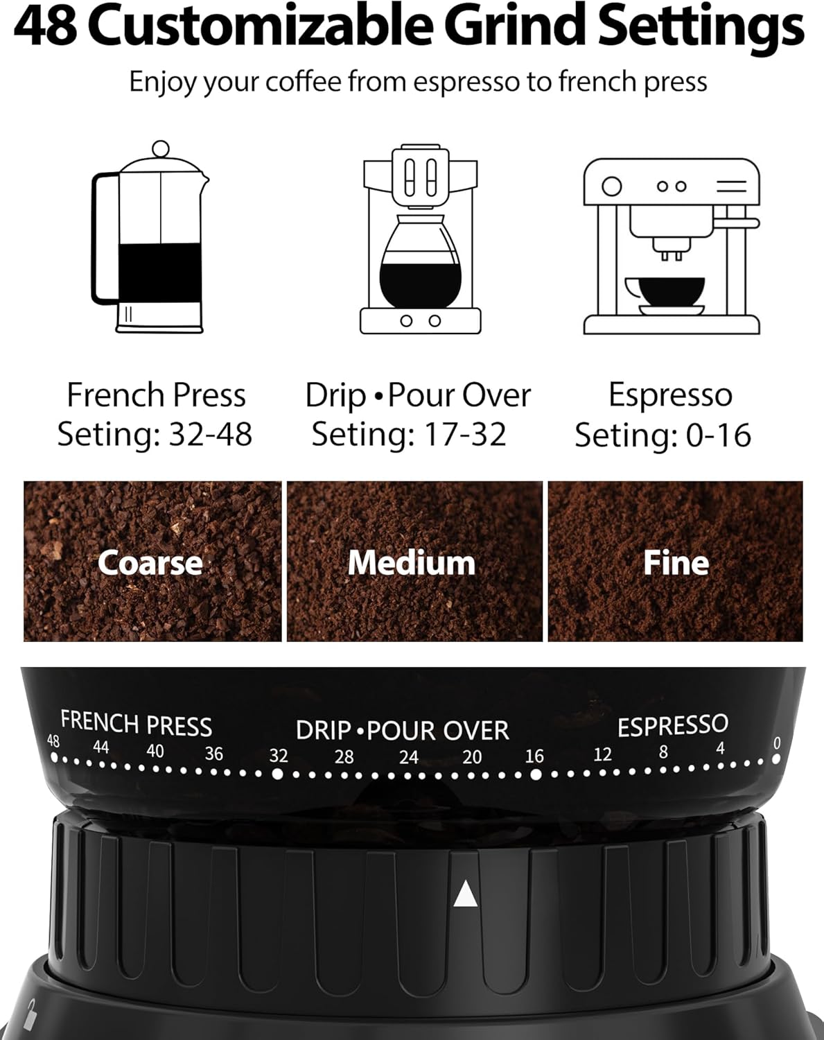 Stainless steel conical burr coffee grinder with digital timer and adjustment dial — side