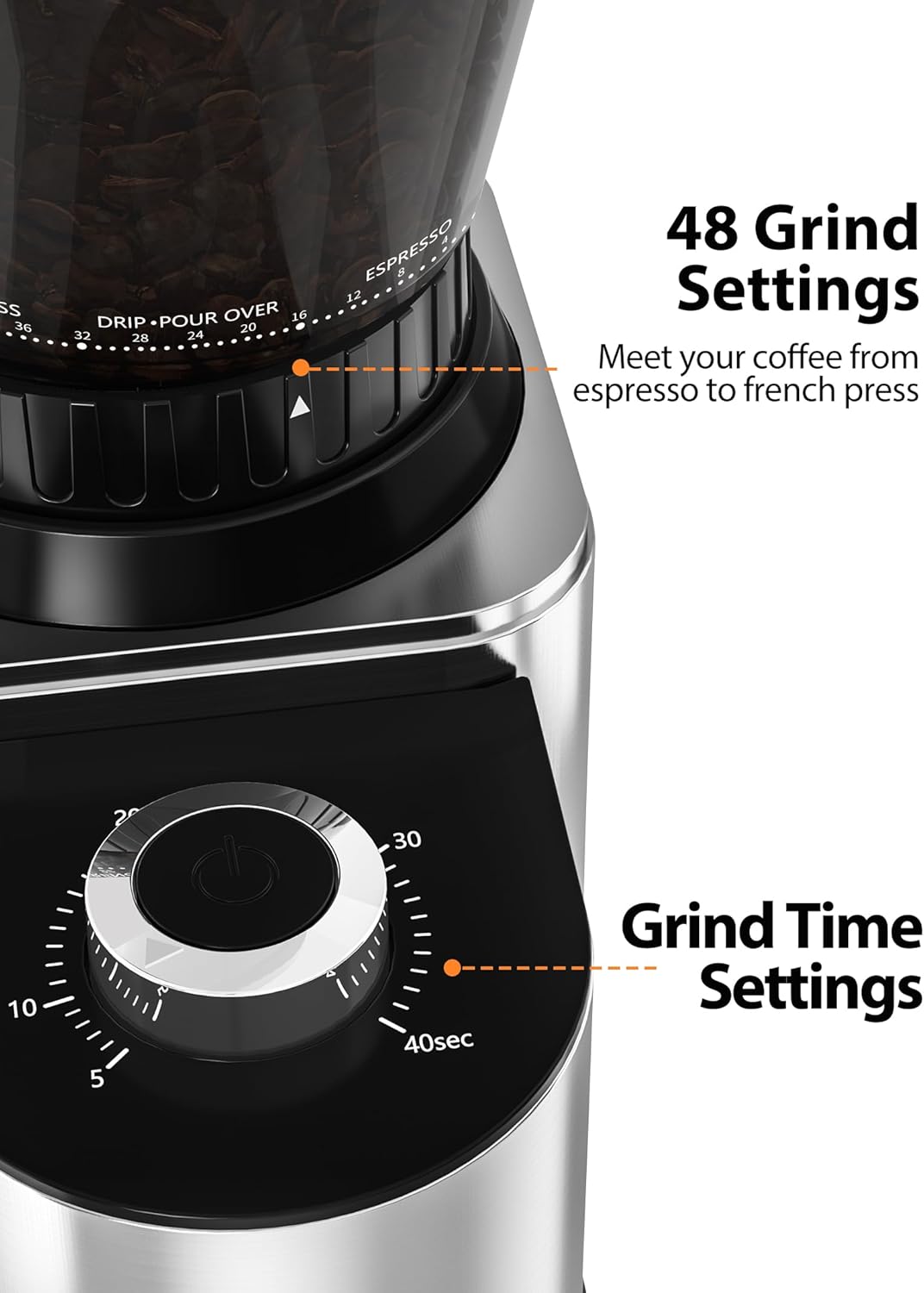 Stainless steel conical burr coffee grinder with digital timer and adjustment dial — back