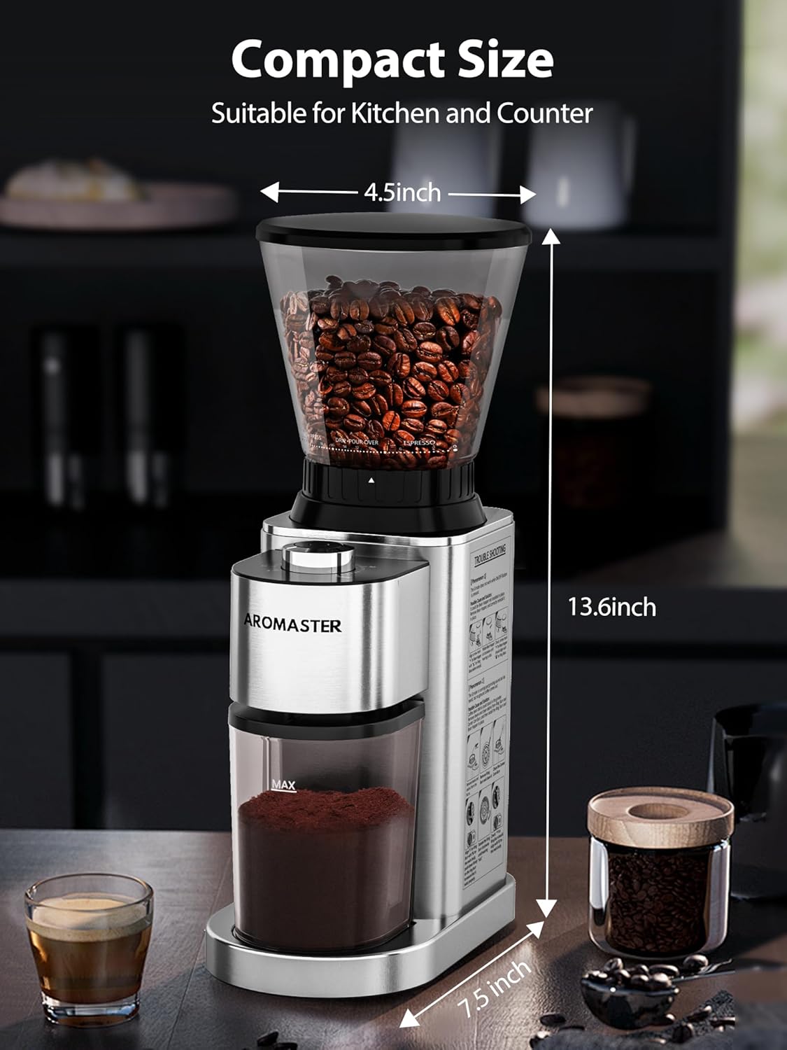 Stainless steel conical burr coffee grinder with digital timer and adjustment dial — view 4