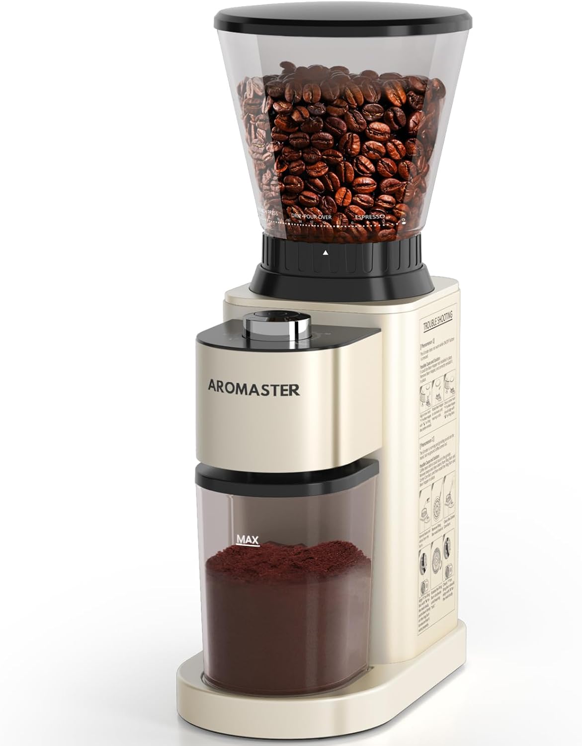 Stainless steel conical burr coffee grinder with digital timer and adjustment dial — view 5