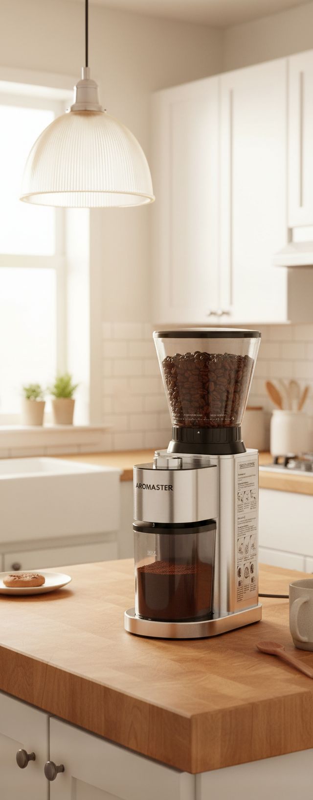 Stainless steel conical burr coffee grinder with digital timer and adjustment dial — view 1