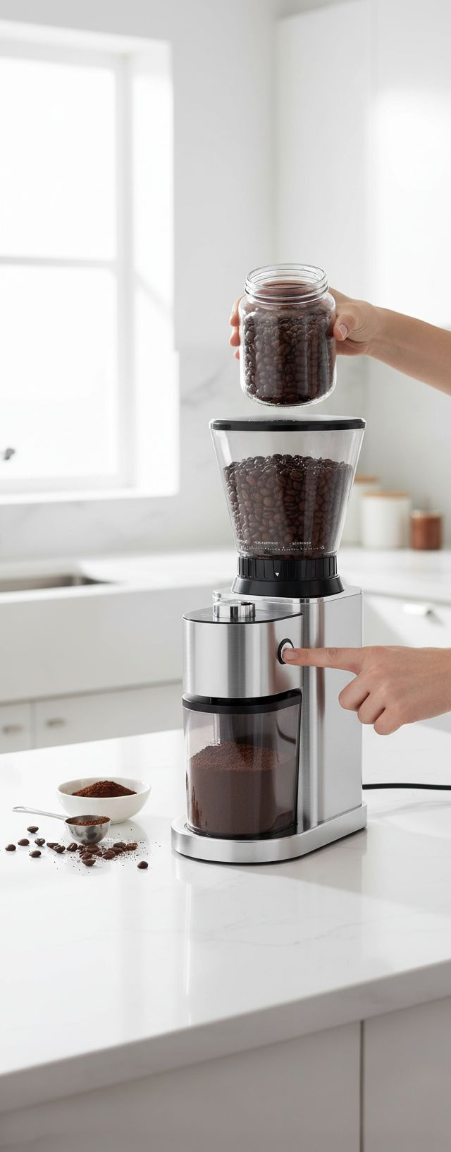 Stainless steel conical burr coffee grinder with digital timer and adjustment dial — view 3b