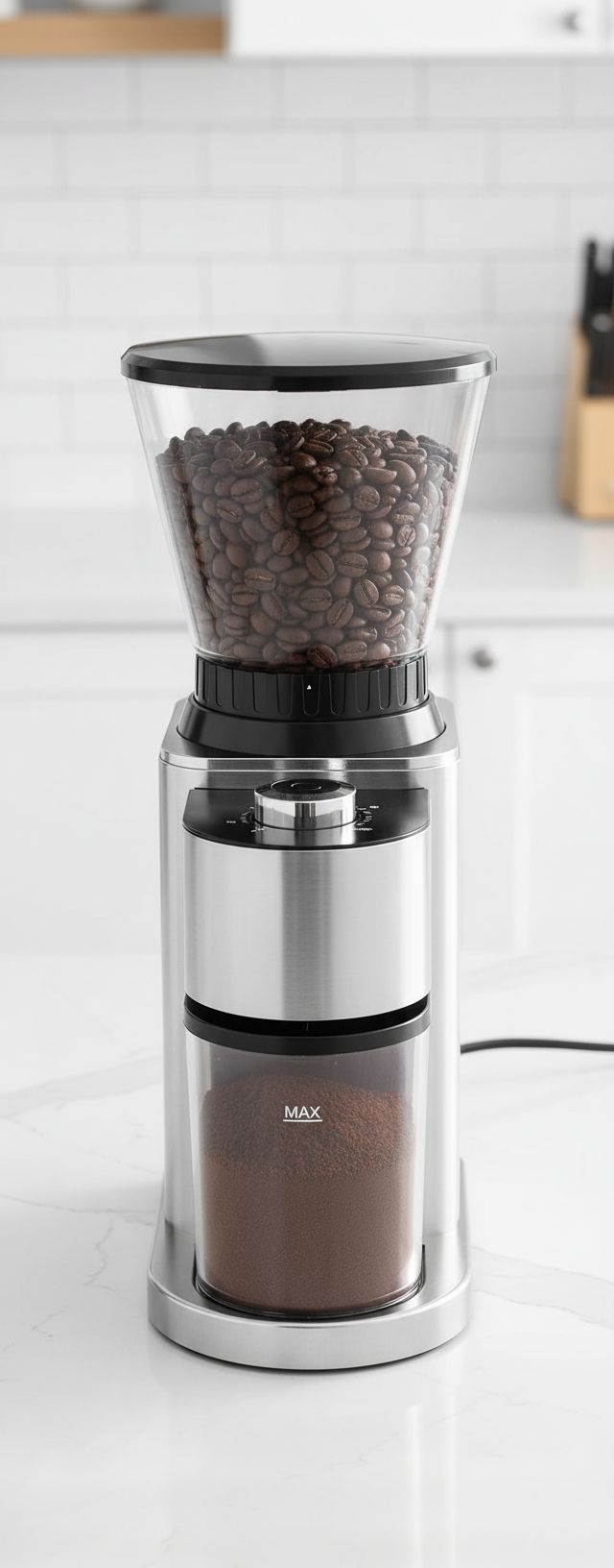 Stainless steel conical burr coffee grinder with digital timer and adjustment dial — view 5b