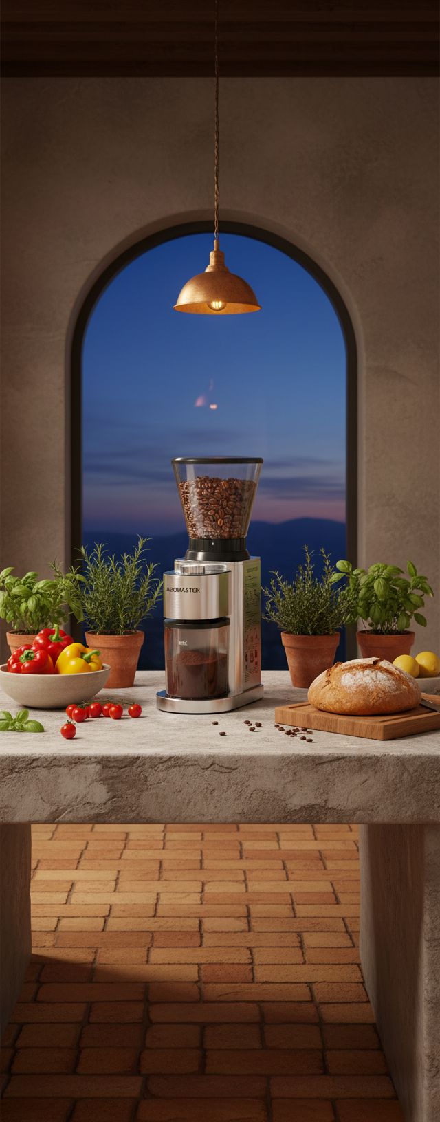 Stainless steel conical burr coffee grinder with digital timer and adjustment dial — view 7b