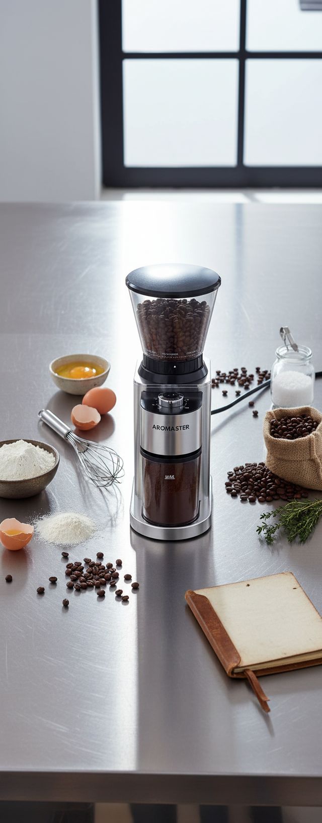 Stainless steel conical burr coffee grinder with digital timer and adjustment dial — view 2