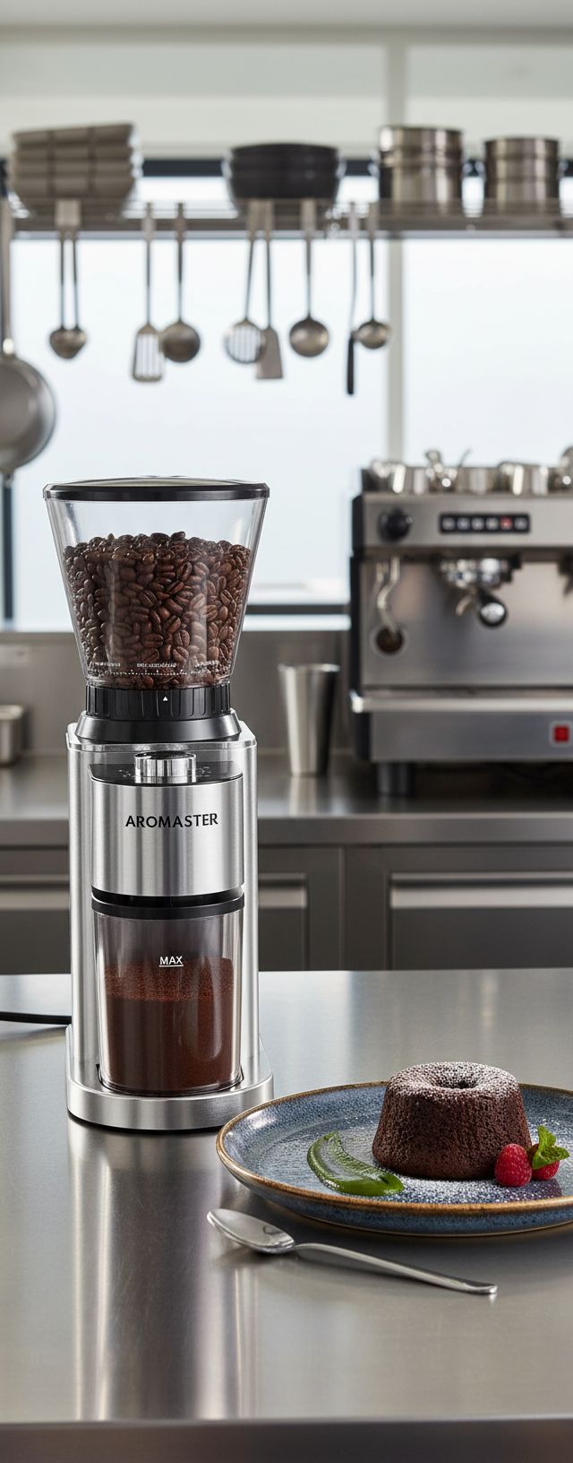 Stainless steel conical burr coffee grinder with digital timer and adjustment dial — view 3a