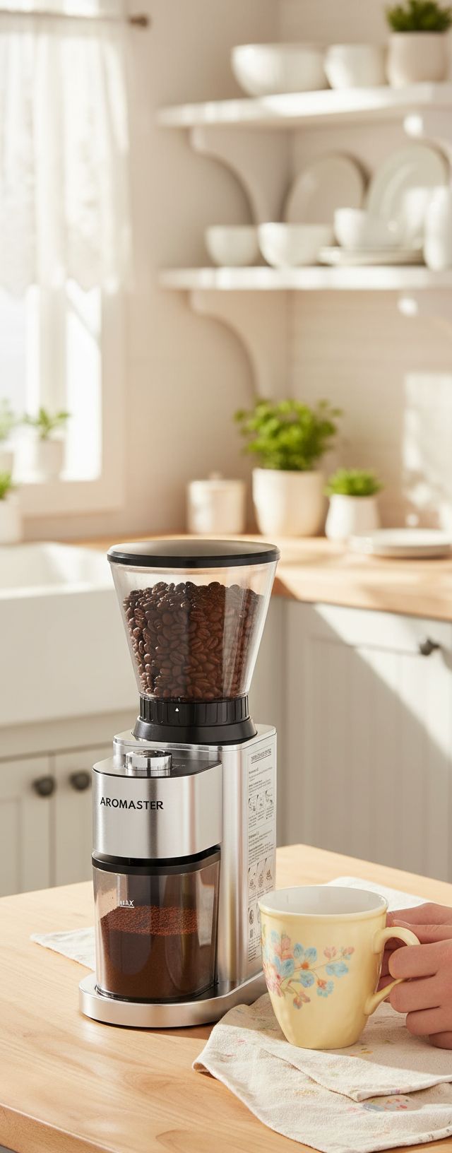 Stainless steel conical burr coffee grinder with digital timer and adjustment dial — view 4