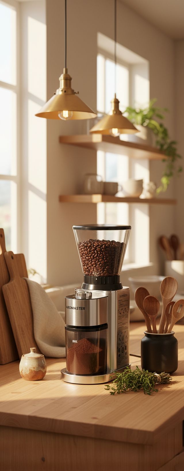 Stainless steel conical burr coffee grinder with digital timer and adjustment dial — view 5a