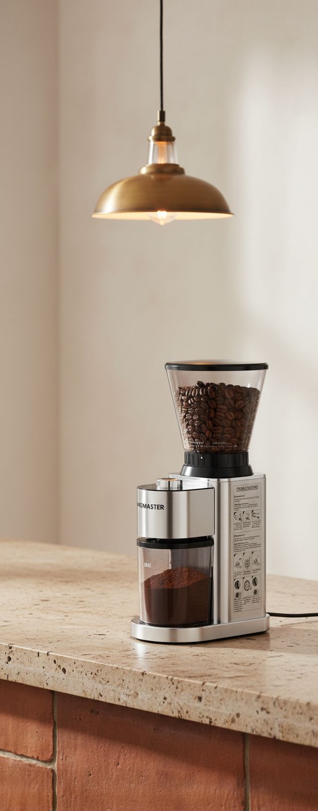 Stainless steel conical burr coffee grinder with digital timer and adjustment dial — view 6