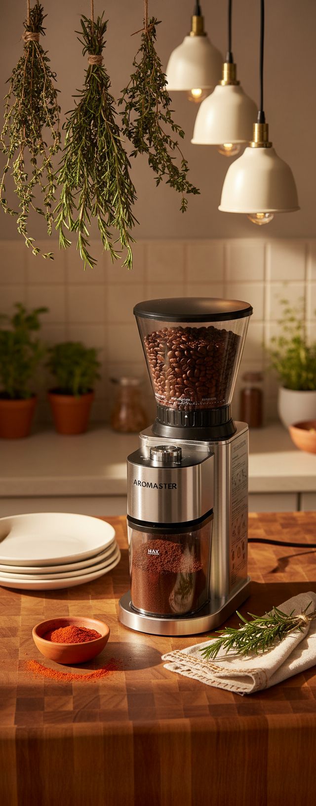 Stainless steel conical burr coffee grinder with digital timer and adjustment dial — view 7a
