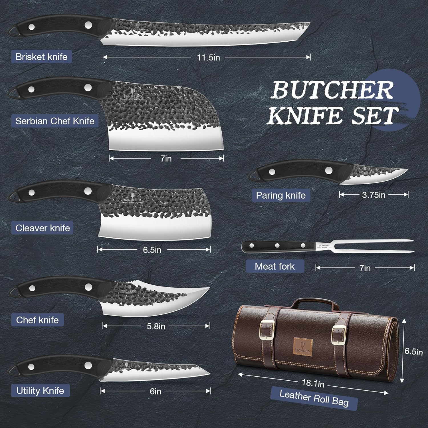 8-piece hand-forged Japanese stainless steel knife set with leather carrying roll bag, including chef knife and meat cleaver โ view 2