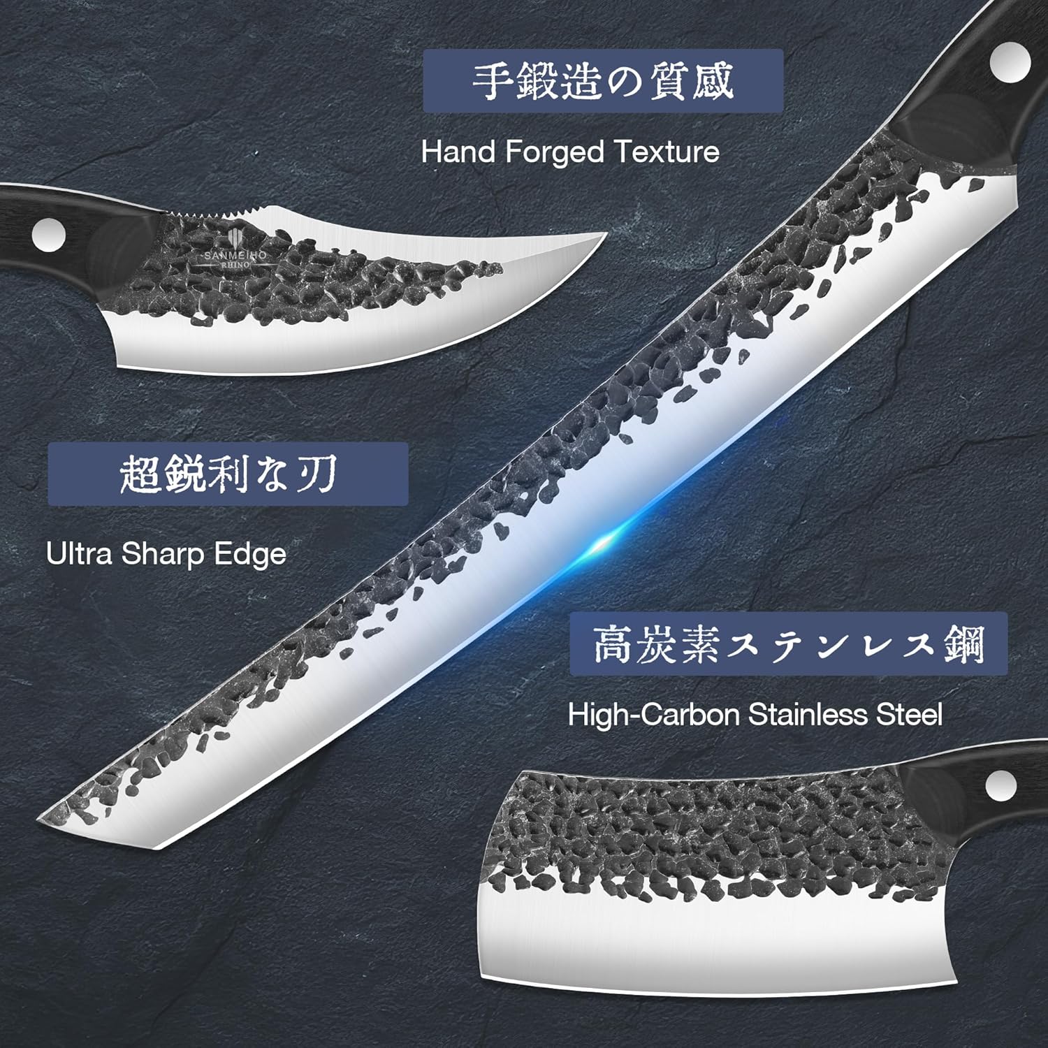 8-piece hand-forged Japanese stainless steel knife set with leather carrying roll bag, including chef knife and meat cleaver โ view 3