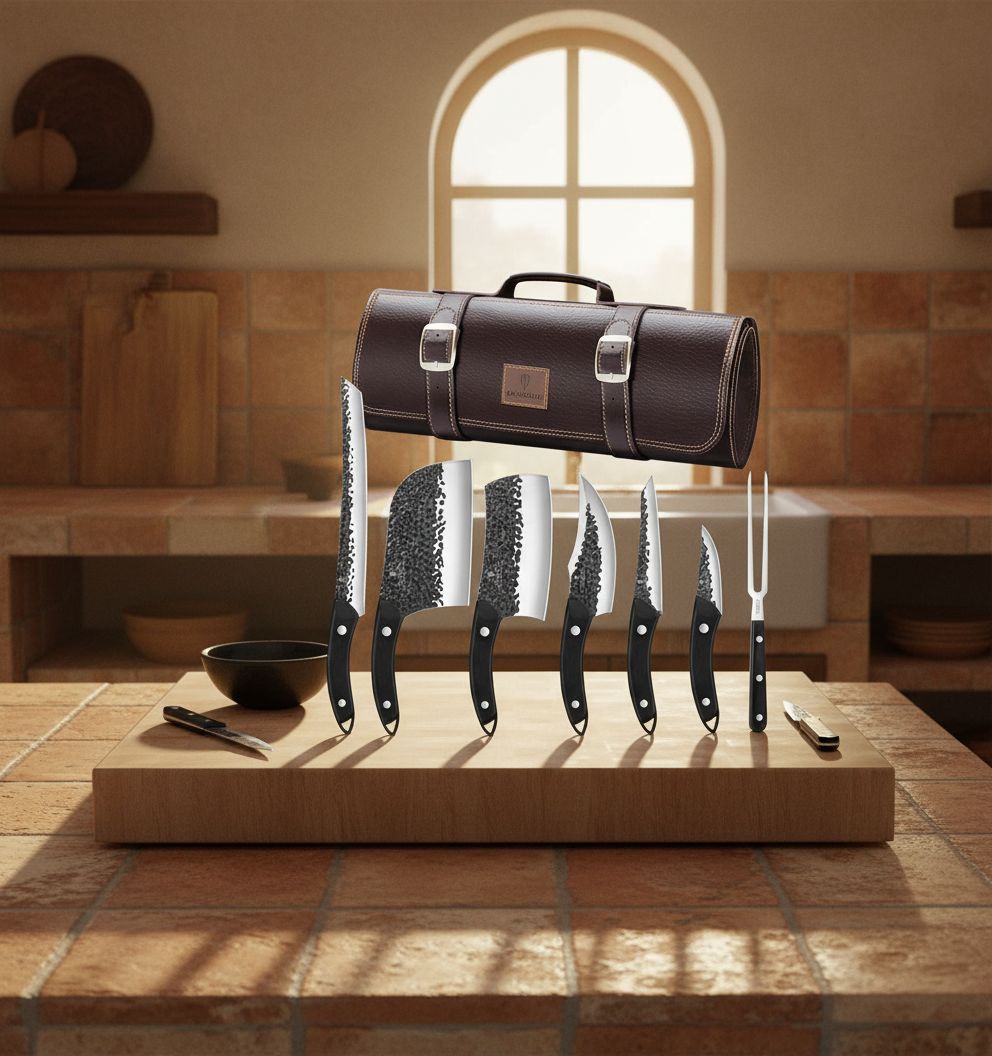 8-piece hand-forged Japanese stainless steel knife set with leather carrying roll bag, including chef knife and meat cleaver โ view 1
