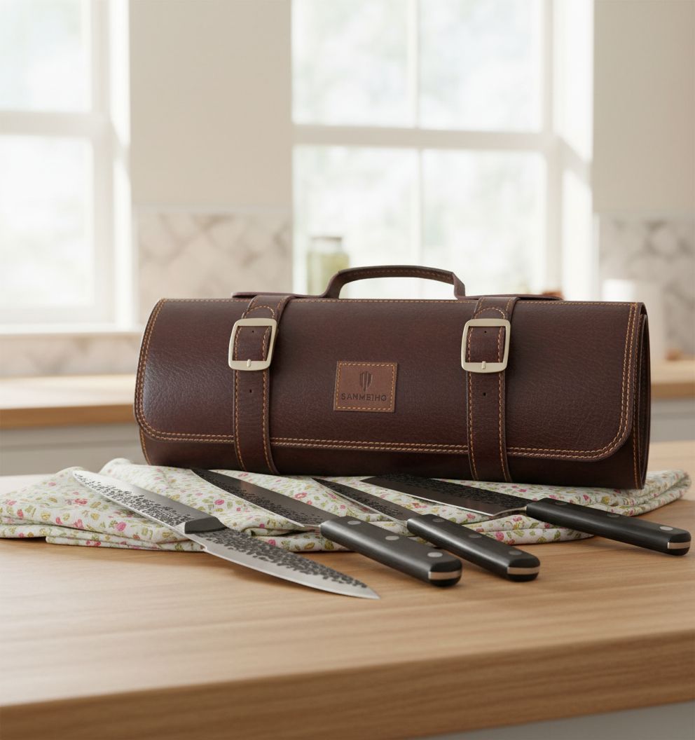 8-piece hand-forged Japanese stainless steel knife set with leather carrying roll bag, including chef knife and meat cleaver โ view 5b