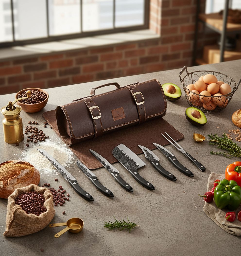 8-piece hand-forged Japanese stainless steel knife set with leather carrying roll bag, including chef knife and meat cleaver โ view 7b