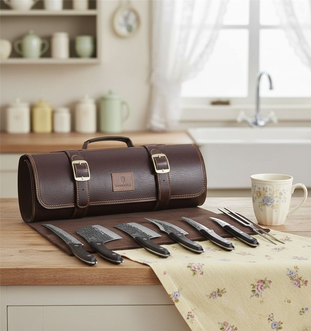 8-piece hand-forged Japanese stainless steel knife set with leather carrying roll bag, including chef knife and meat cleaver โ view 3a