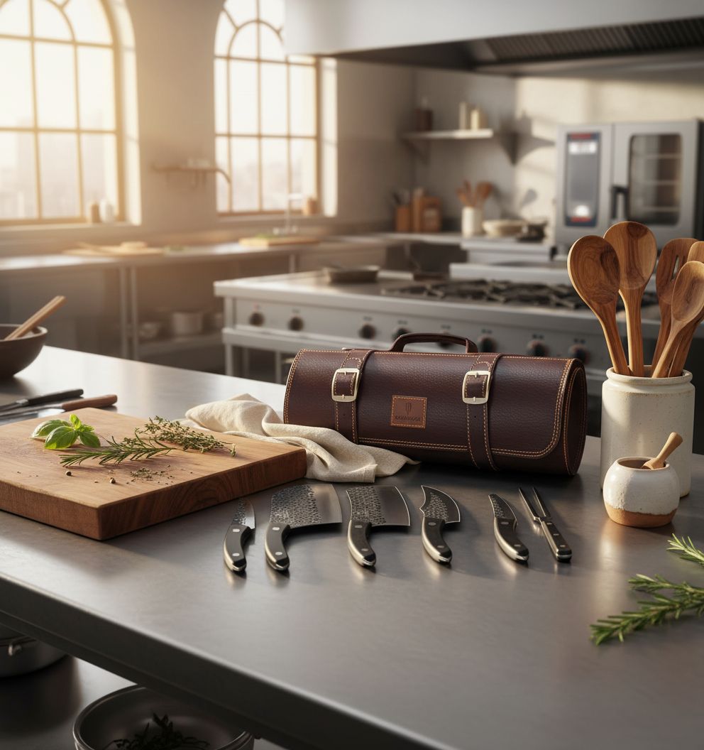 8-piece hand-forged Japanese stainless steel knife set with leather carrying roll bag, including chef knife and meat cleaver โ view 4