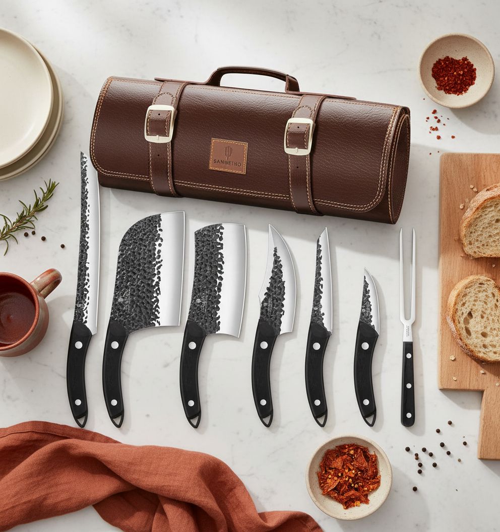 8-piece hand-forged Japanese stainless steel knife set with leather carrying roll bag, including chef knife and meat cleaver โ view 6