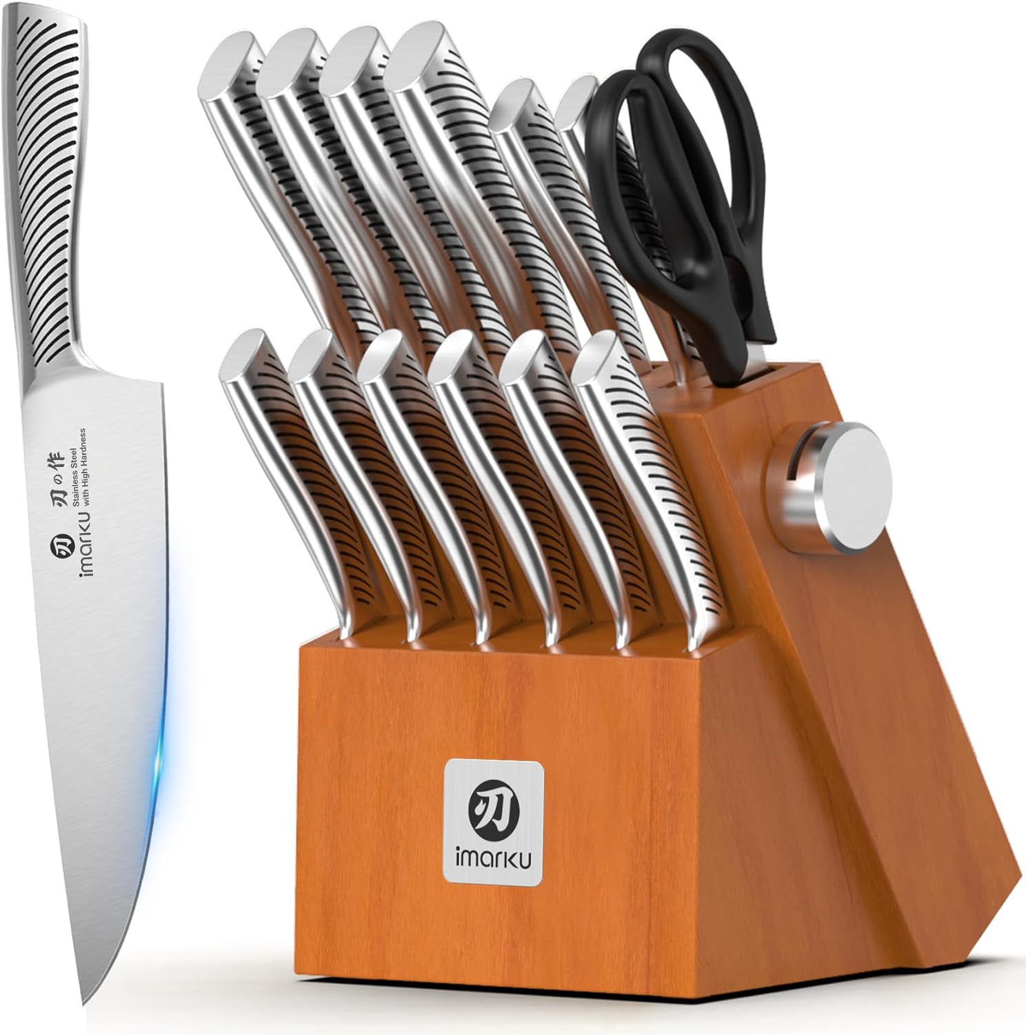 14-piece Japanese stainless steel knife set with brown storage block and built-in sharpener — front
