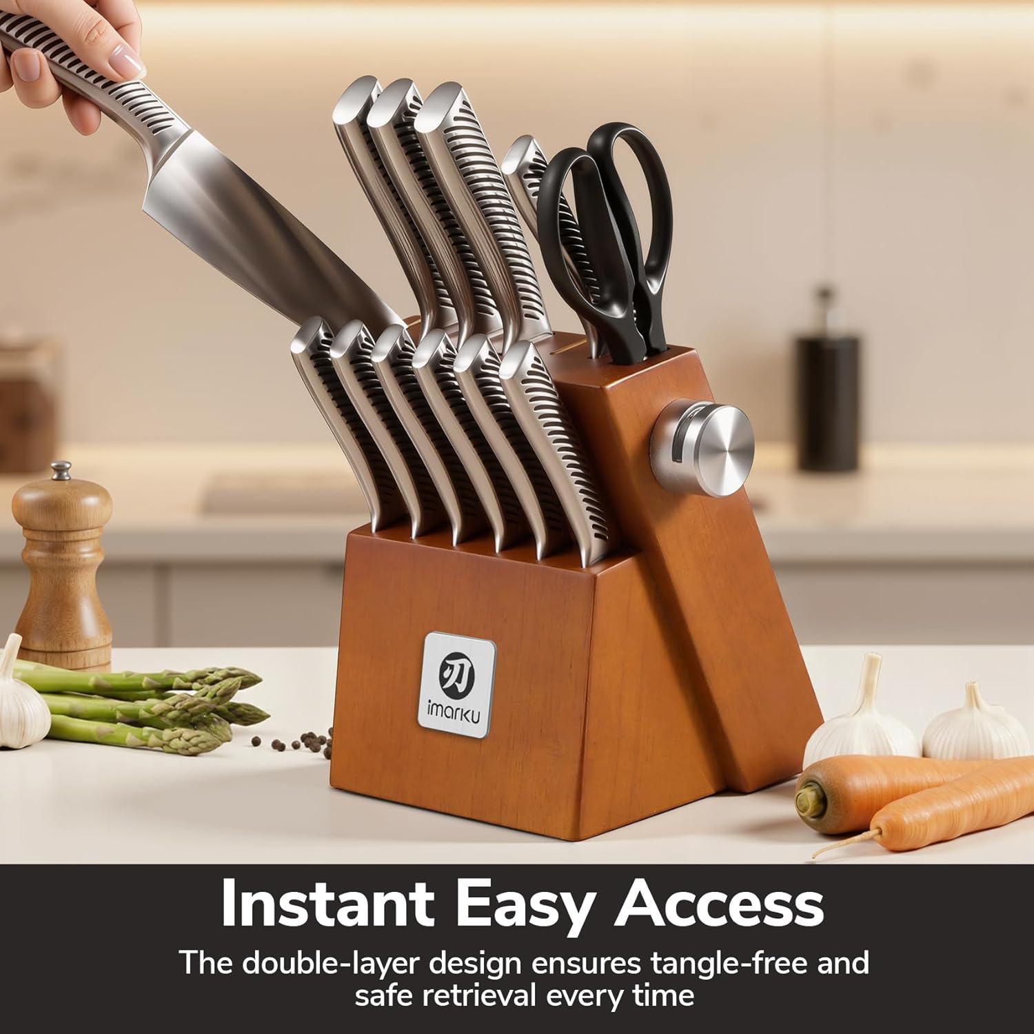 14-piece Japanese stainless steel knife set with brown storage block and built-in sharpener — back