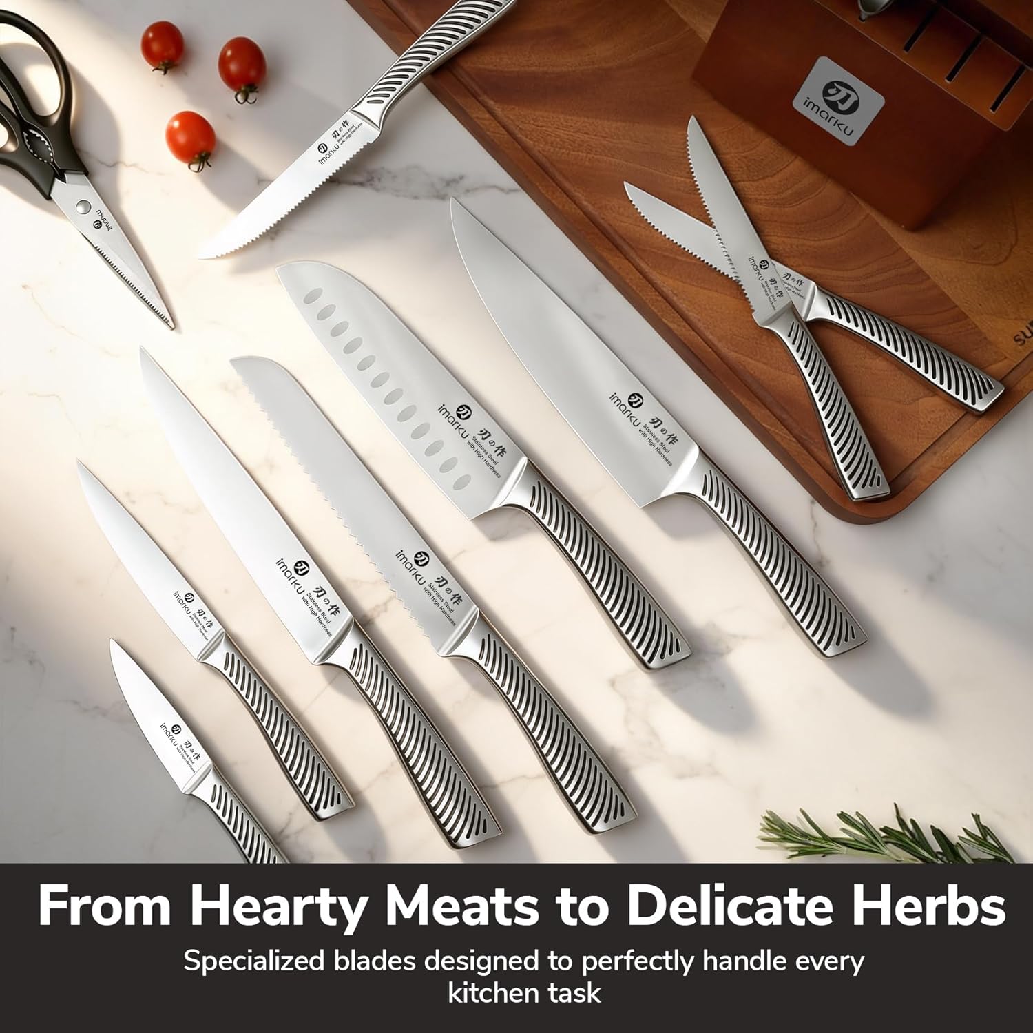 14-piece Japanese stainless steel knife set with brown storage block and built-in sharpener โ view 3