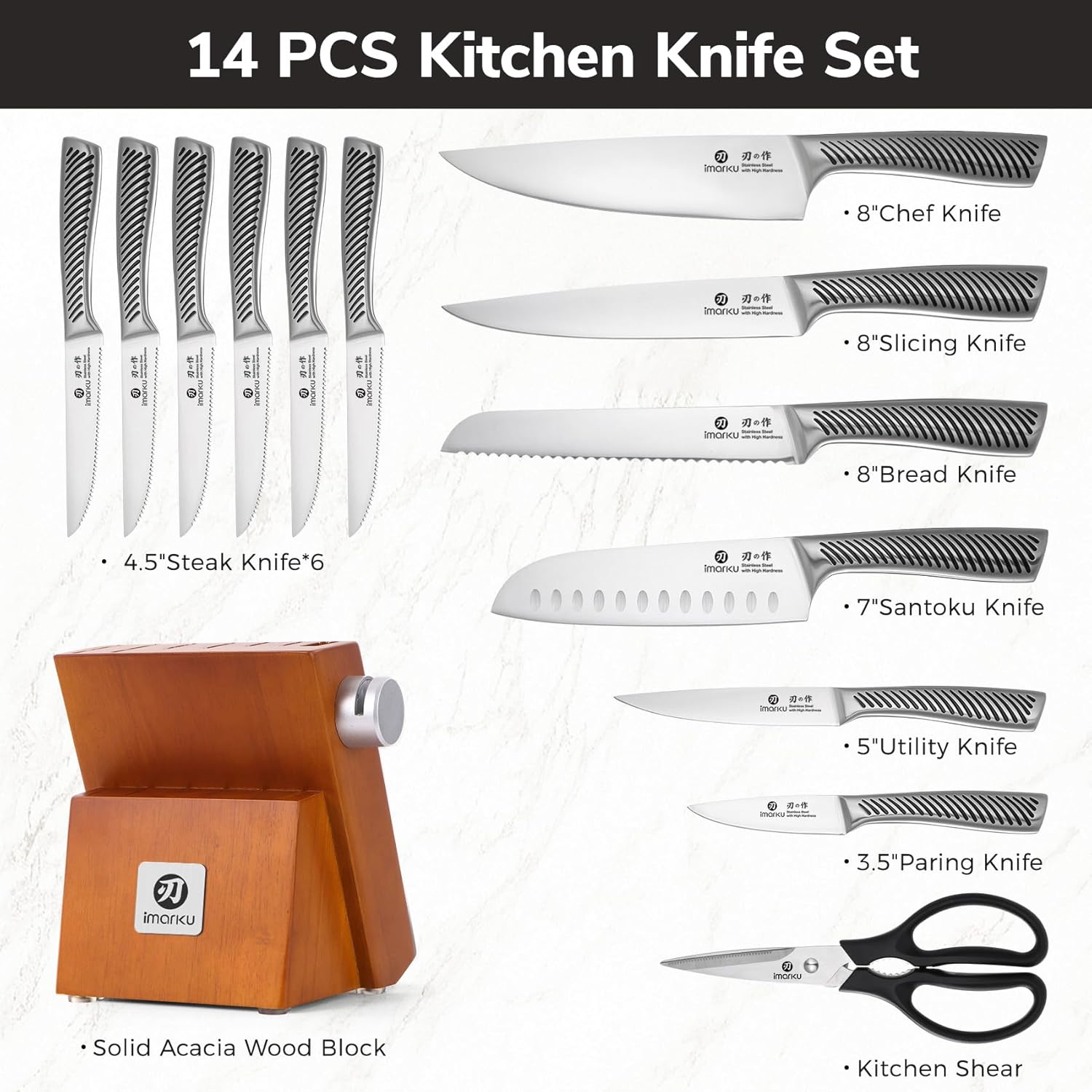 14-piece Japanese stainless steel knife set with brown storage block and built-in sharpener โ view 5