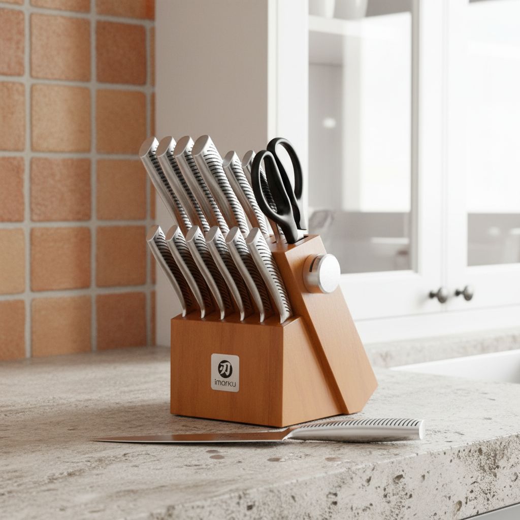 14-piece Japanese stainless steel knife set with brown storage block and built-in sharpener — view 5b