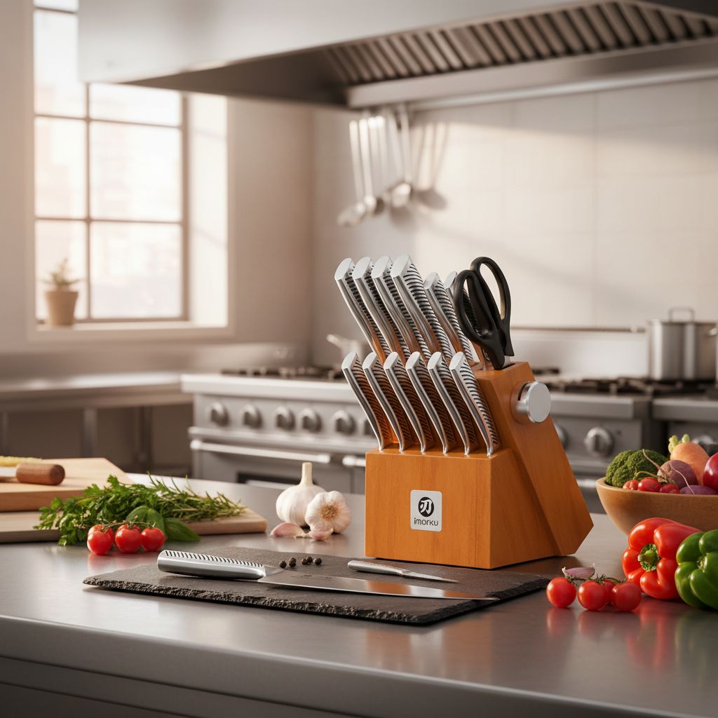 14-piece Japanese stainless steel knife set with brown storage block and built-in sharpener — view 7b