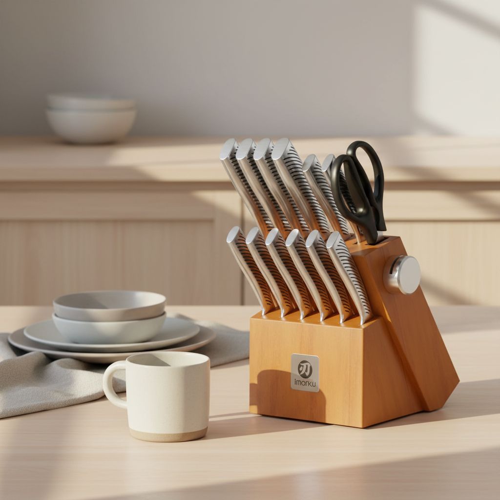 14-piece Japanese stainless steel knife set with brown storage block and built-in sharpener — view 4