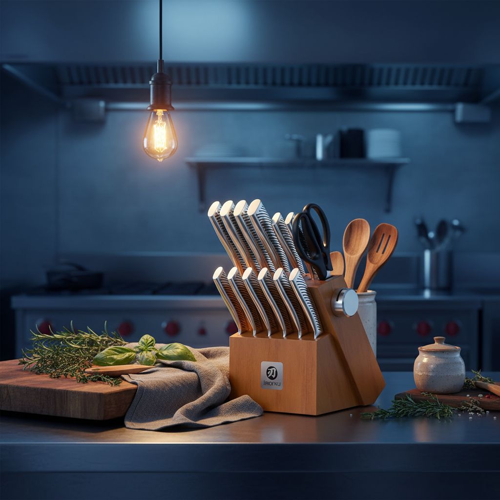 14-piece Japanese stainless steel knife set with brown storage block and built-in sharpener — view 5a