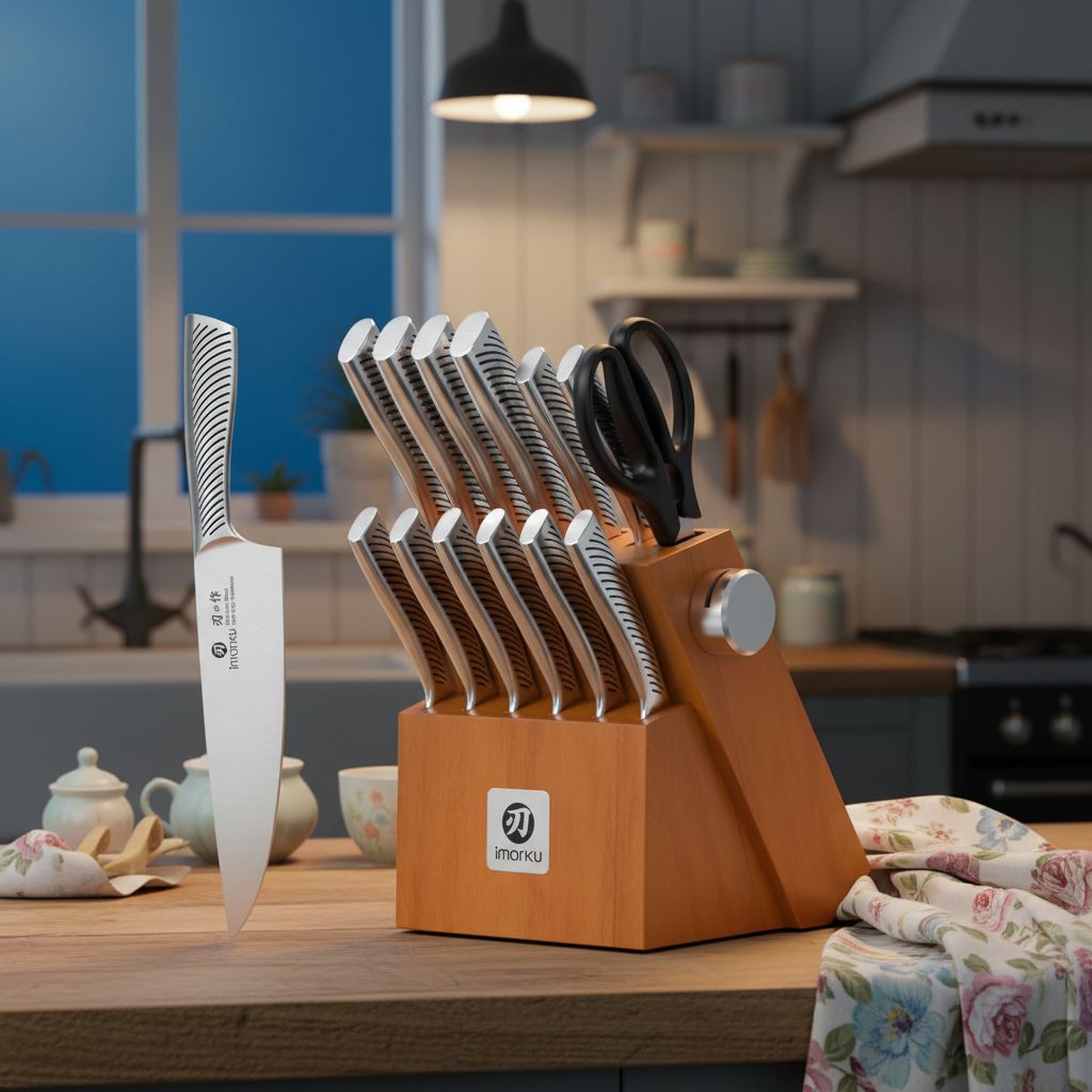 14-piece Japanese stainless steel knife set with brown storage block and built-in sharpener — view 6