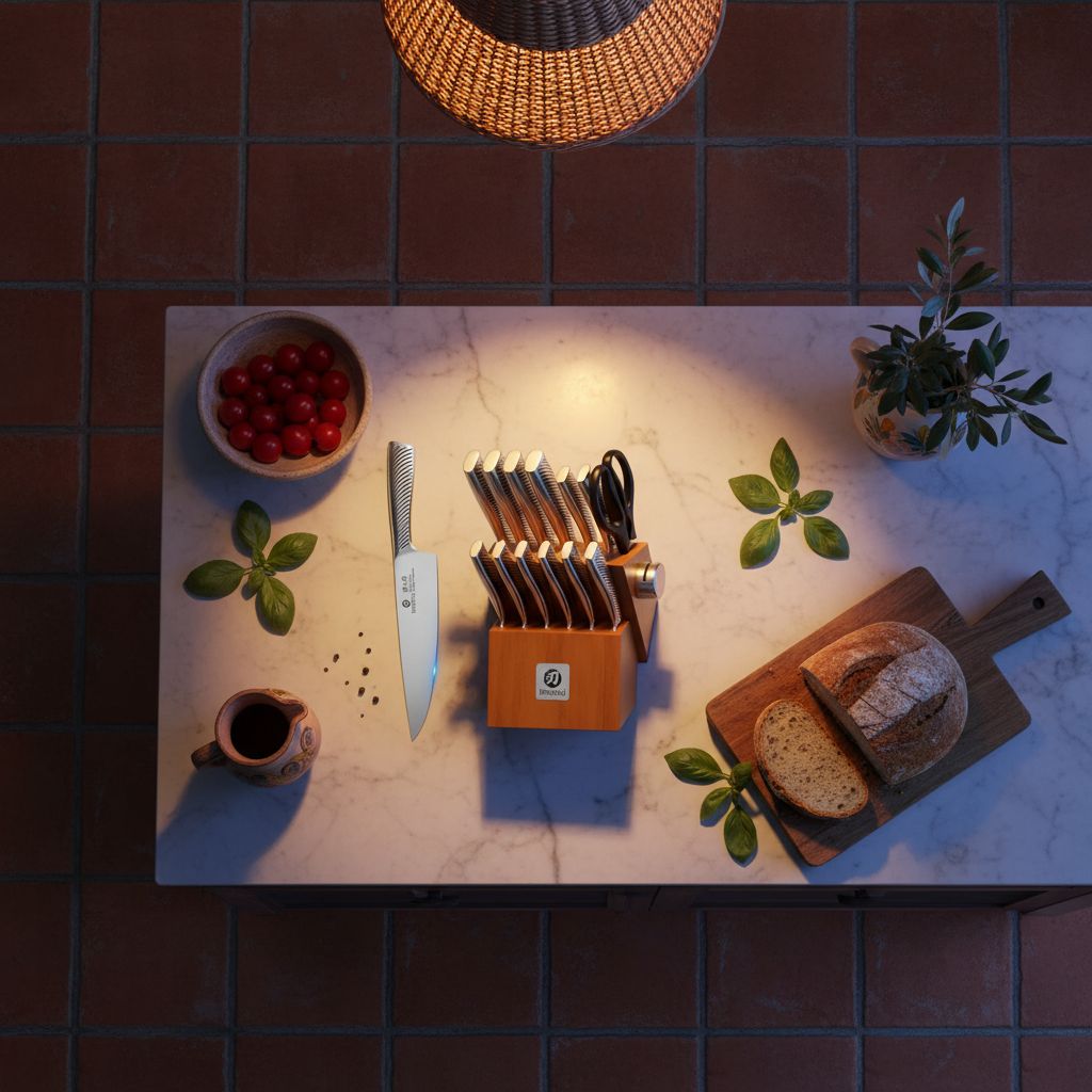 14-piece Japanese stainless steel knife set with brown storage block and built-in sharpener — view 7a