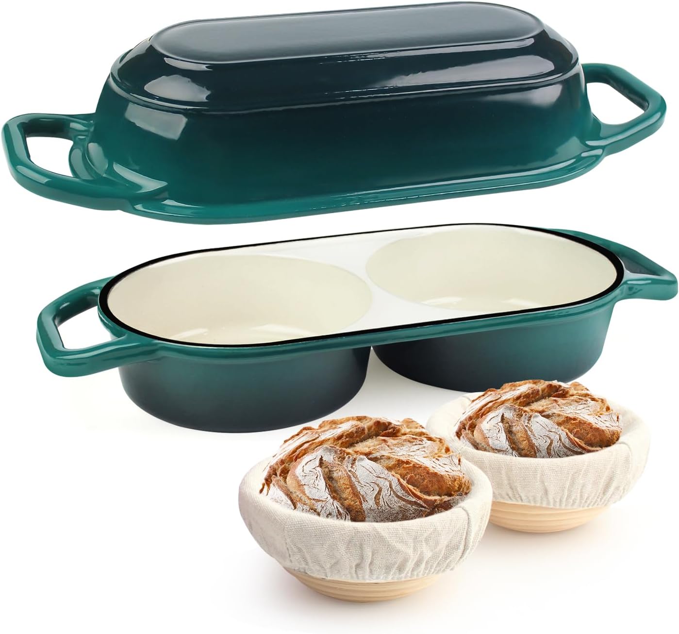 Enameled cast iron Dutch oven with lid in cream, includes round banneton bread proofing basket for sourdough baking — view 1