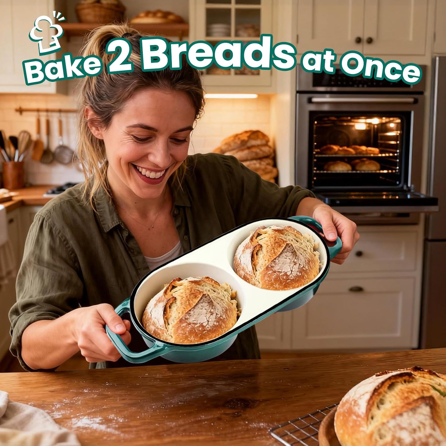 Enameled cast iron Dutch oven with lid in cream, includes round banneton bread proofing basket for sourdough baking — view 2
