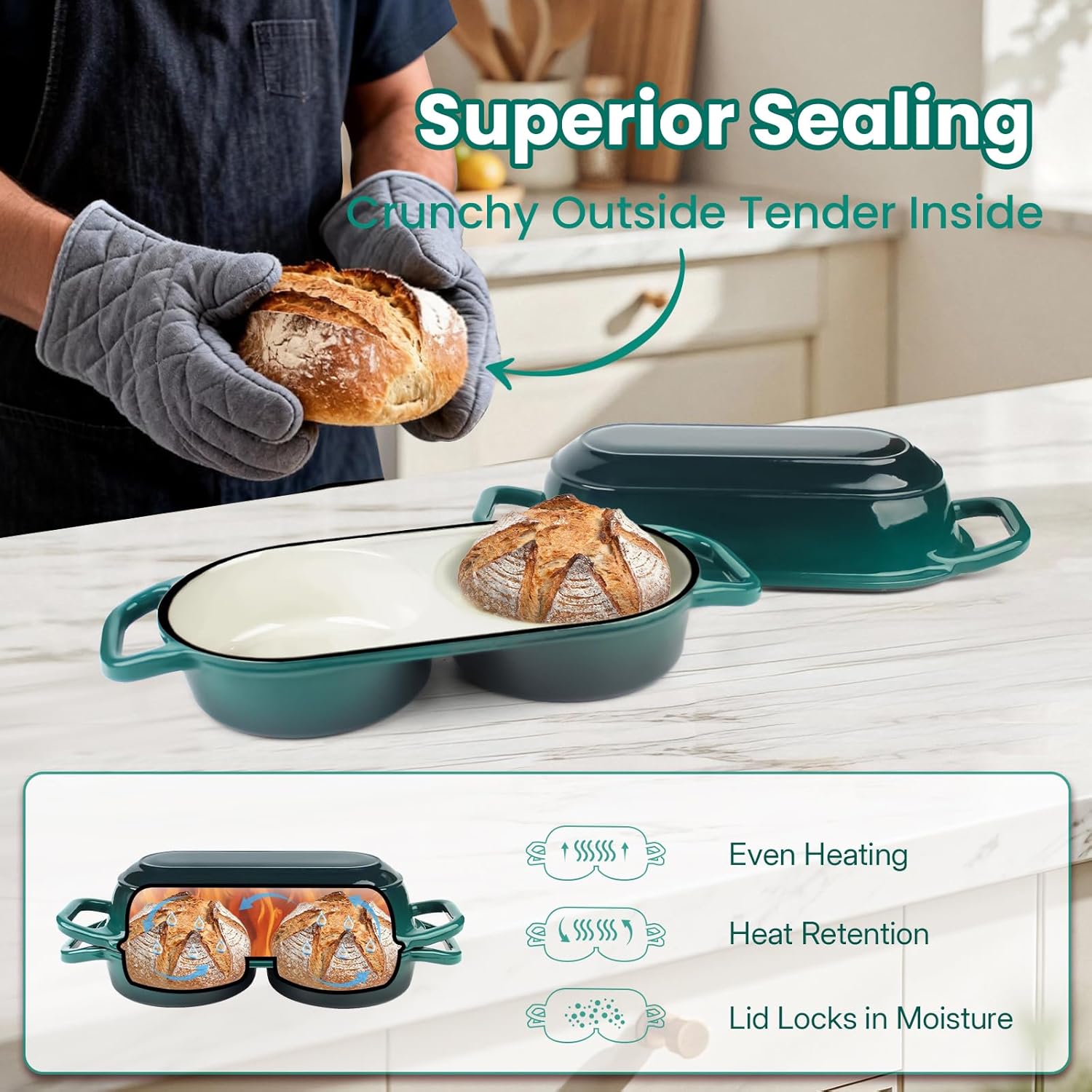 Enameled cast iron Dutch oven with lid in cream, includes round banneton bread proofing basket for sourdough baking — view 2