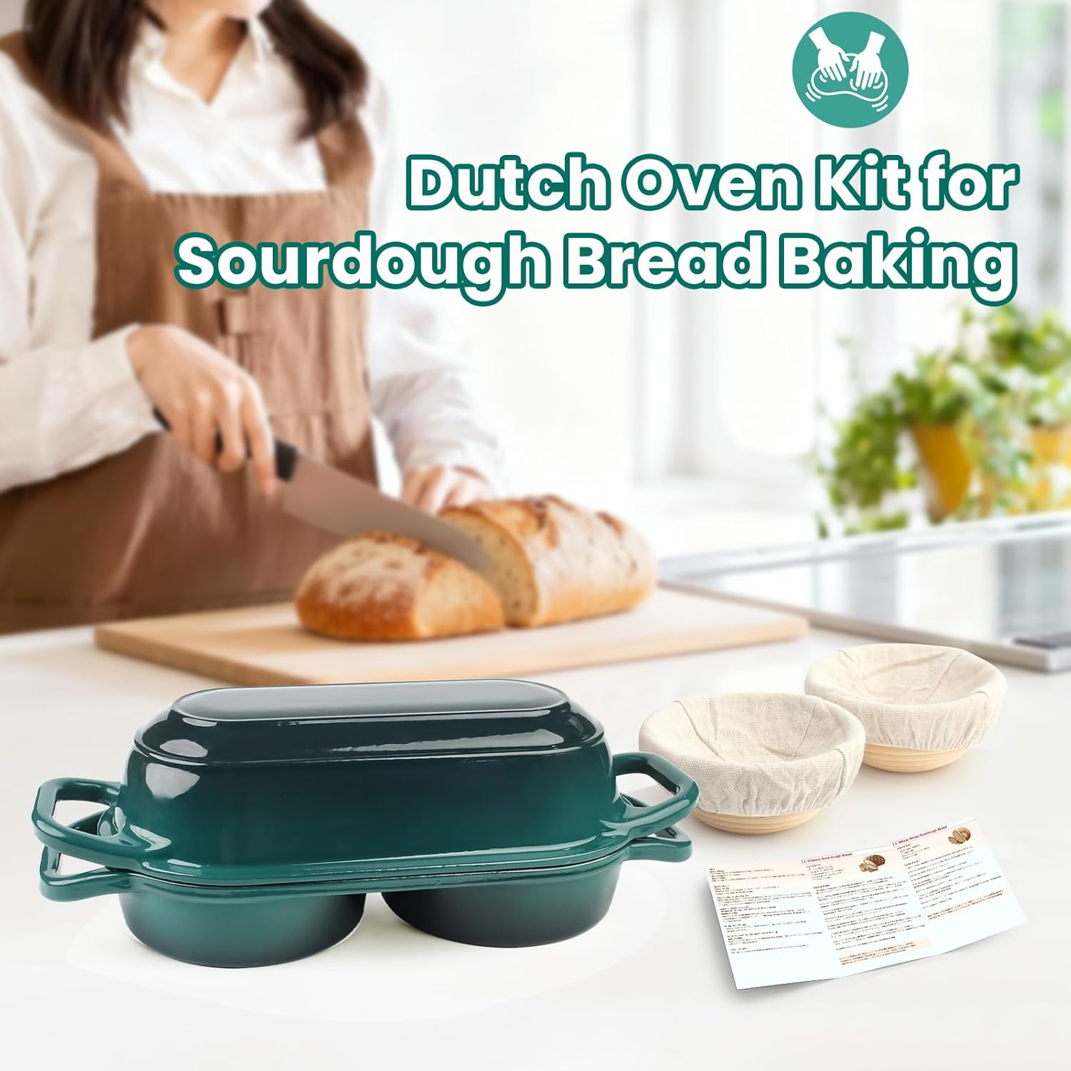 Enameled cast iron Dutch oven with lid in cream, includes round banneton bread proofing basket for sourdough baking — view 4