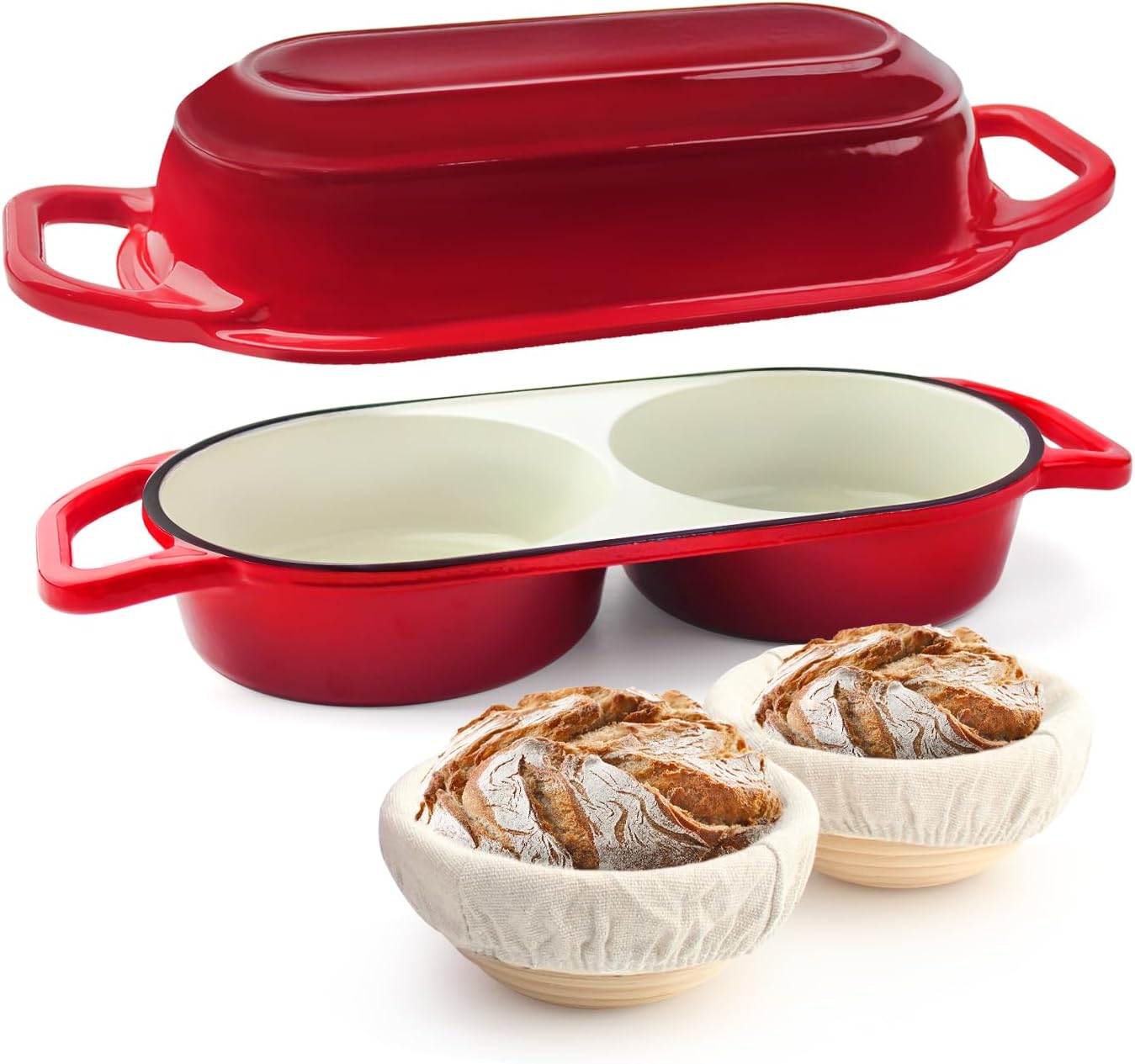 Enameled cast iron Dutch oven with lid in cream, includes round banneton bread proofing basket for sourdough baking — view 5