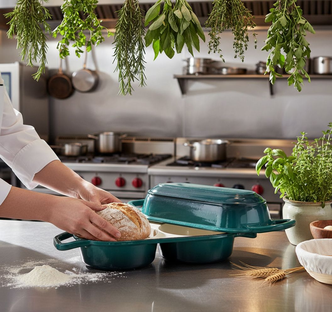 Enameled cast iron Dutch oven with lid in cream, includes round banneton bread proofing basket for sourdough baking — view 3b