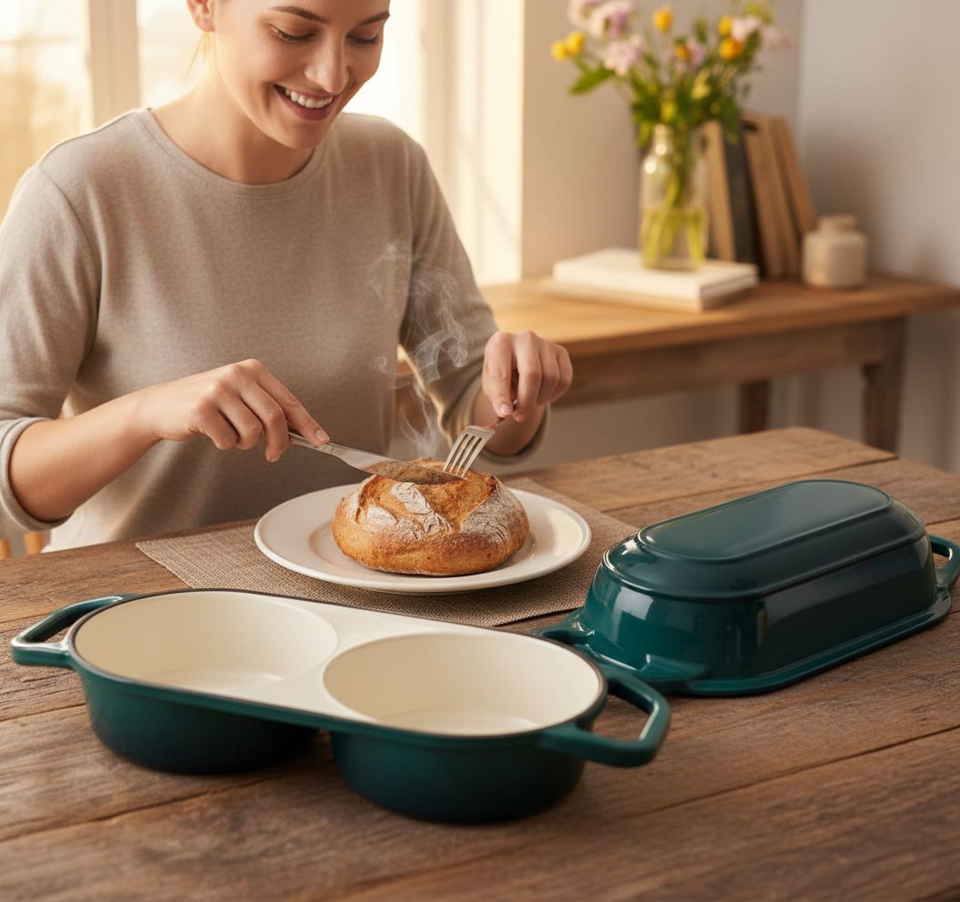 Enameled cast iron Dutch oven with lid in cream, includes round banneton bread proofing basket for sourdough baking — view 7b