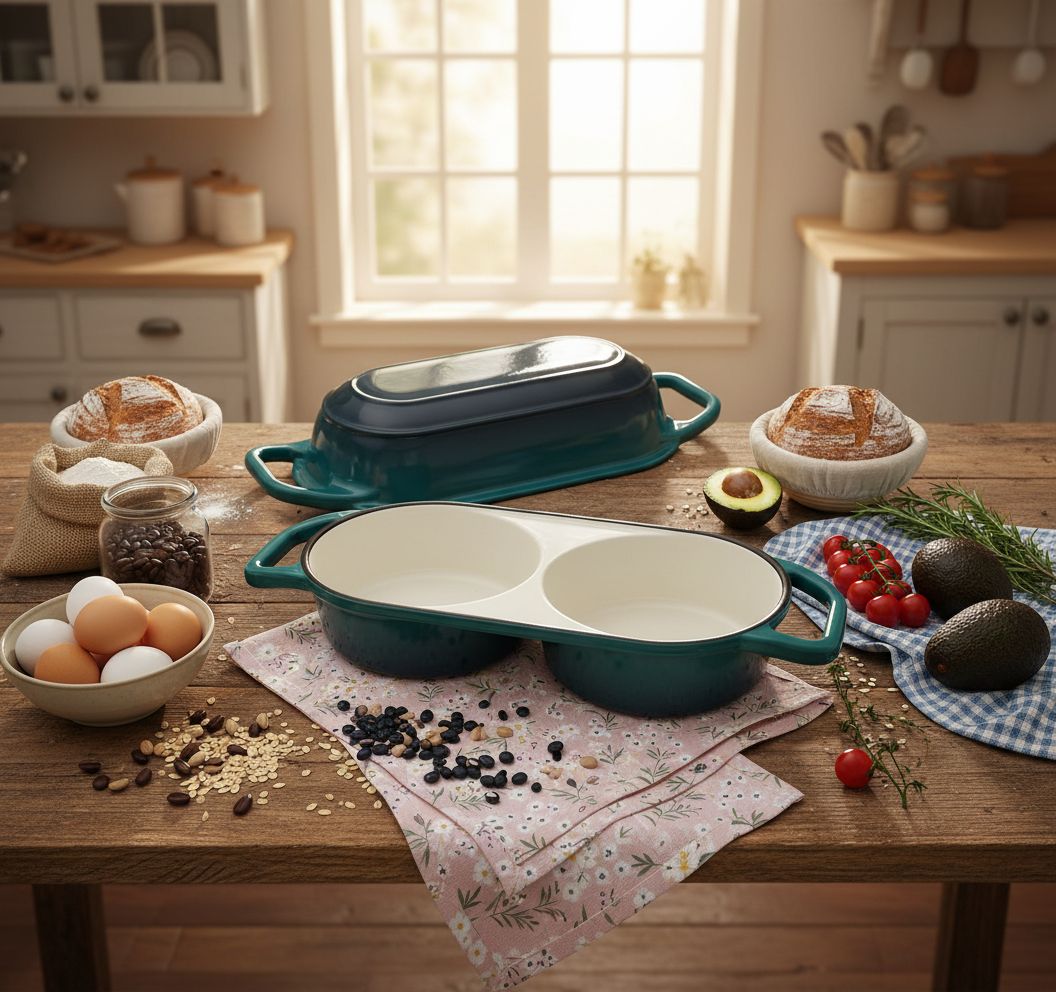 Enameled cast iron Dutch oven with lid in cream, includes round banneton bread proofing basket for sourdough baking — view 2