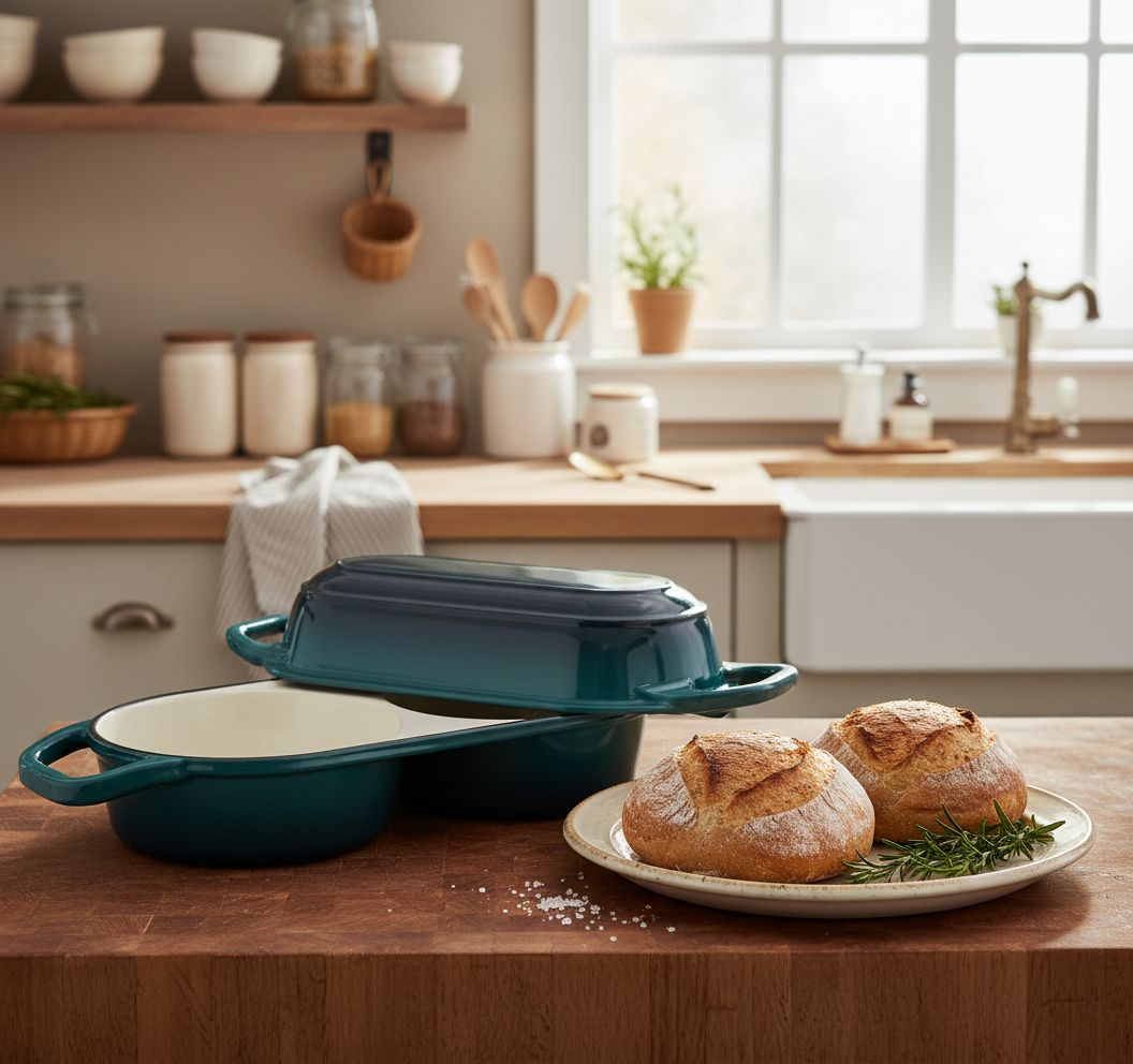 Enameled cast iron Dutch oven with lid in cream, includes round banneton bread proofing basket for sourdough baking — view 3a