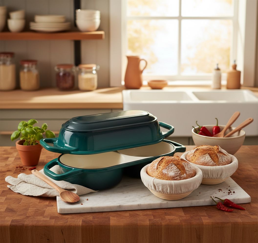 Enameled cast iron Dutch oven with lid in cream, includes round banneton bread proofing basket for sourdough baking — view 7a