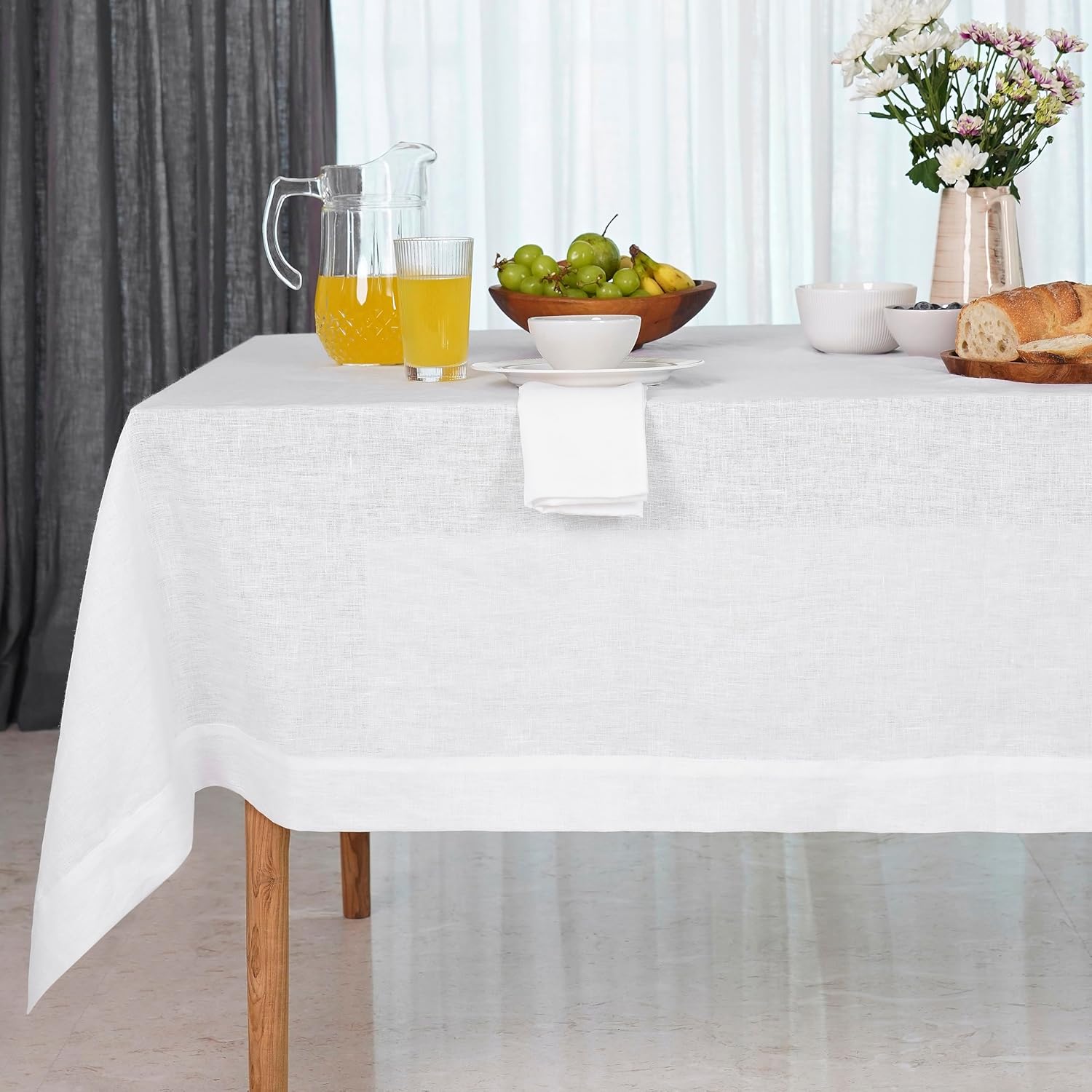 D'Moksha Homes White Linen Tablecloth 60 x 144 Inch - 100% Pure Linen Table Cloth for Rectangle Tables - Machine Washable Tablecloth for Mothers Day, Spring