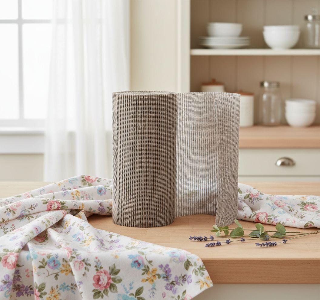 Beige plastic drawer and shelf liner roll, 12 inches wide β view 1